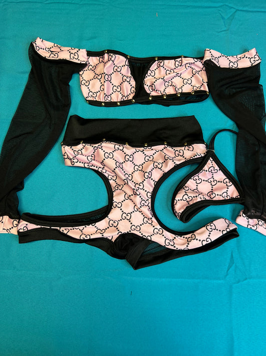 Exotic Dancewear Baby Pink and Black Mesh Two-Piece Set