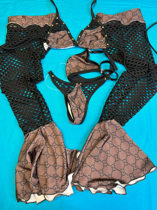 Brown Stretch Fabric & Black Fishnet Leg Outfit Exotic Dance Wear 