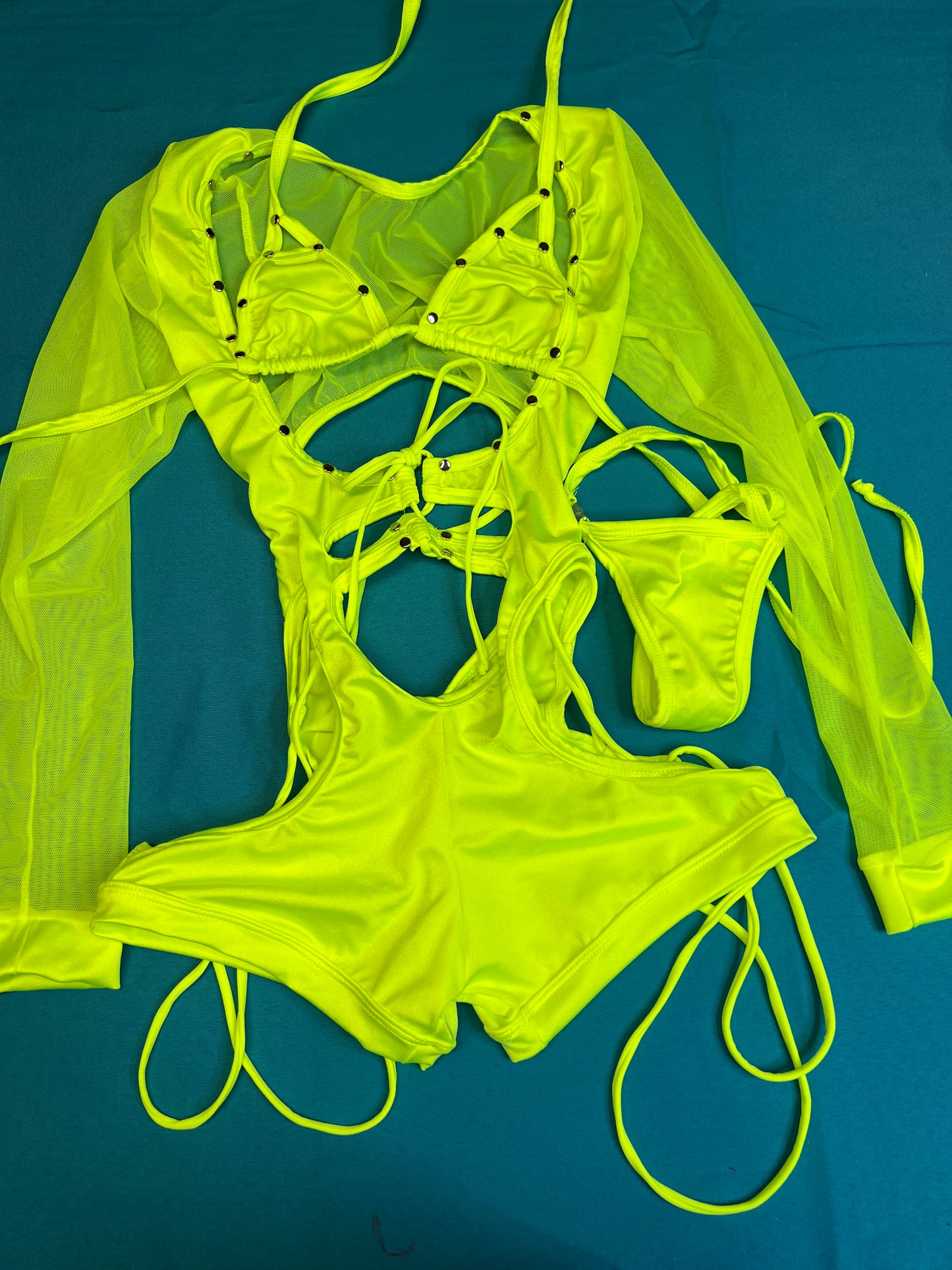 One-Piece Neon Yellow Stretch Fabric/Mesh Romper Stripper Outfit