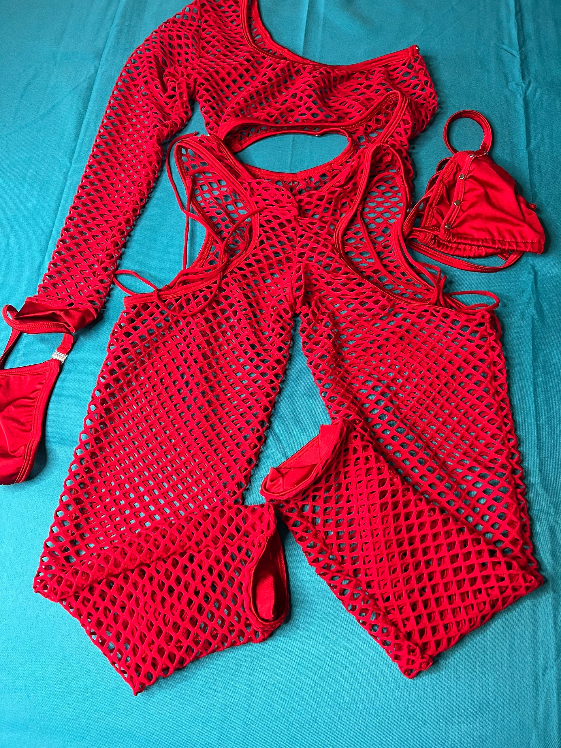 Red Fishnet Single Sleeve Bikini Top Dance Wear & Bartender