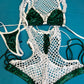 White Fishnet/Metallic Green Romper Dance Wear Stripper Outfit