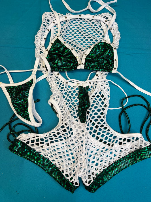 White Fishnet/Metallic Green Romper Dance Wear Stripper Outfit