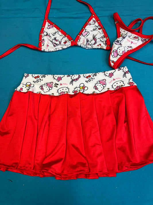 Red/White Stretch Fabric Bikini Top/Skirt Two-Piece Lingerie Set