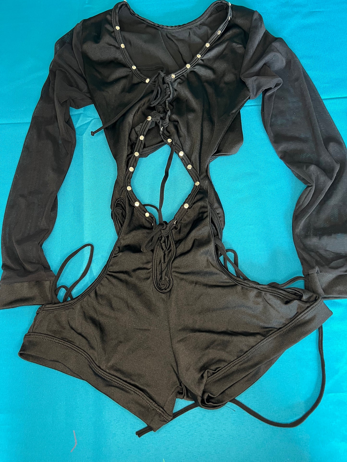 Sensual Black Stretch Fabric & Long Sleeve Mesh One-Piece Outfit