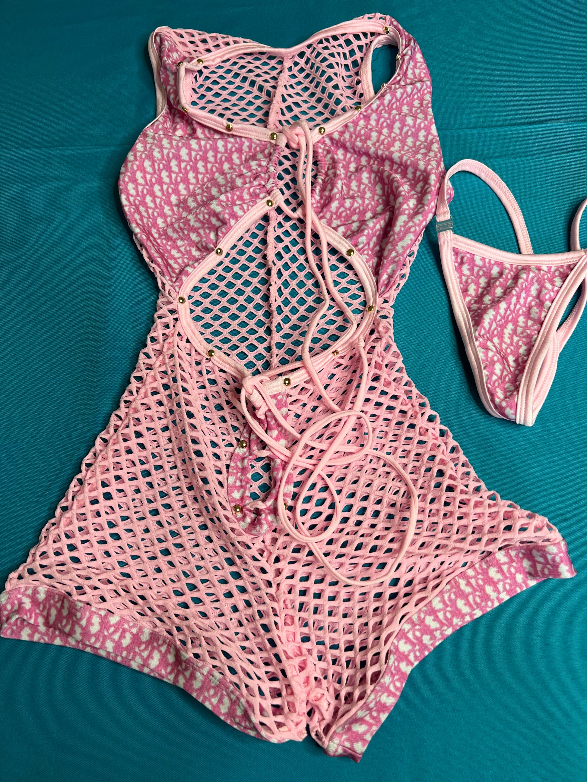 One-Piece Lingerie Outfit Baby Pink Fishnet Exotic Dance Wear 