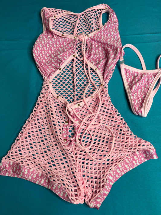 One-Piece Lingerie Outfit Baby Pink Fishnet Exotic Dance Wear 