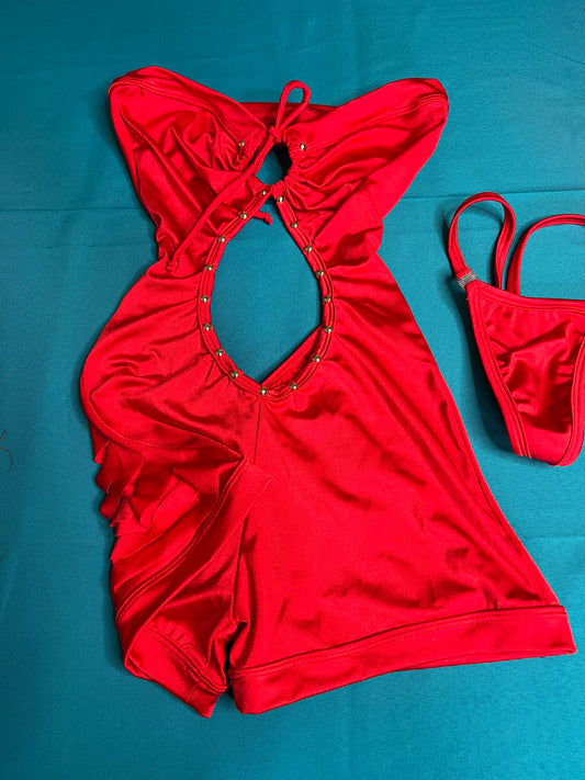 Red Ripped Back Romper One-Piece Lingerie Outfit Stripper Set