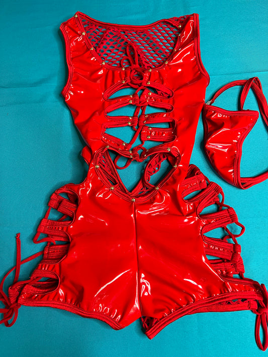 One-Piece Red Latex Outfit Exotic Dance Wear & Stripper Attire 
