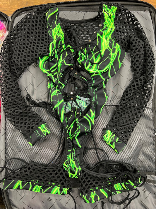 Long Sleeve Green Lightning Stretch Fabric & Black Fishnet