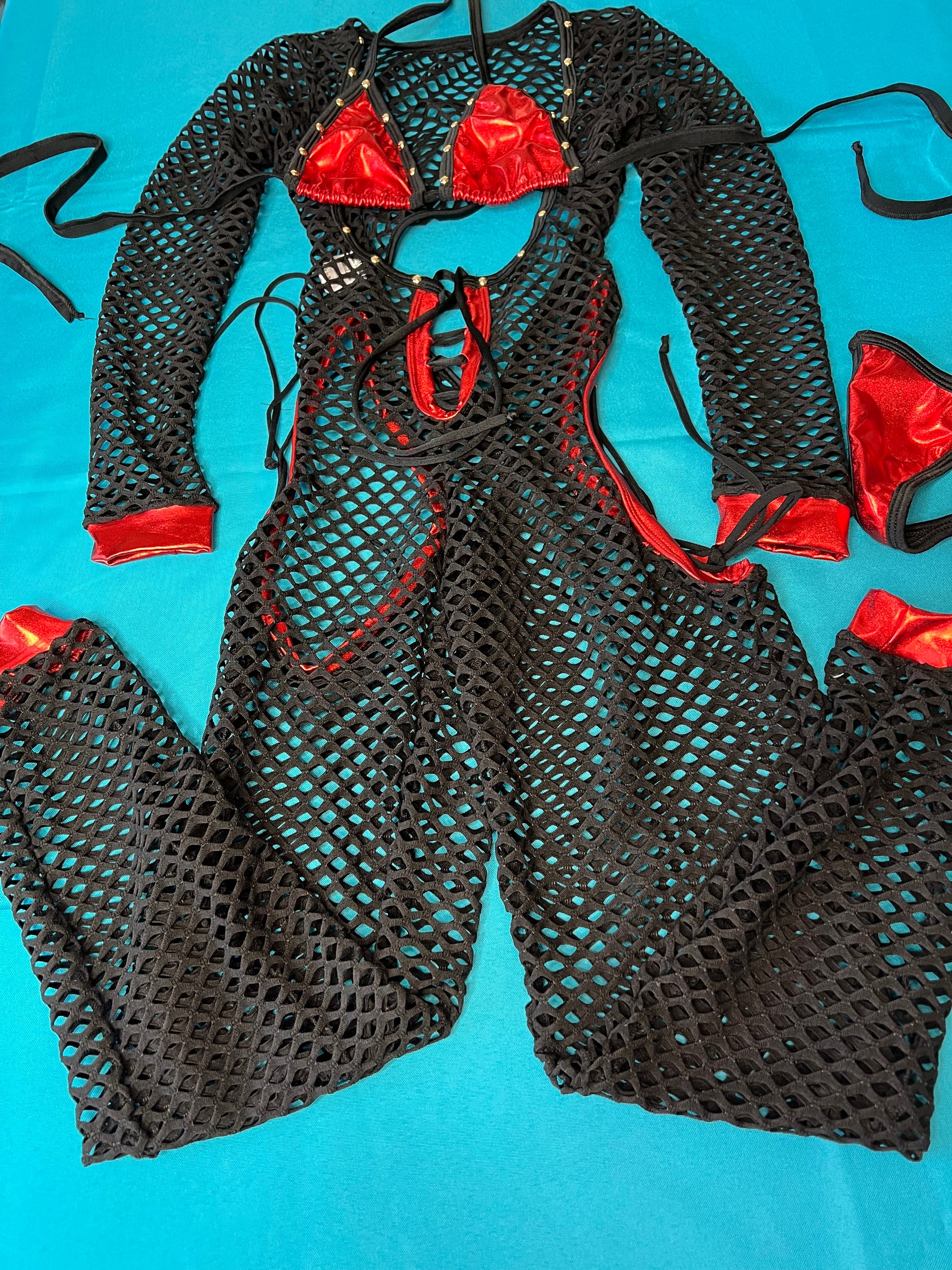 Metallic Red And Black Stunning Fishnet Body Suit Dance Wear