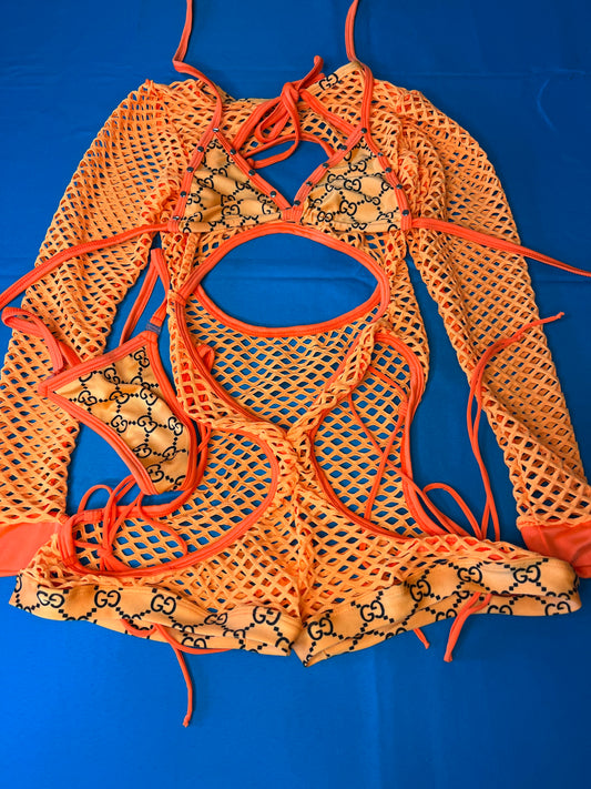 Bold Orange Bikini Top Fishnet Romper Exotic Dance Wear