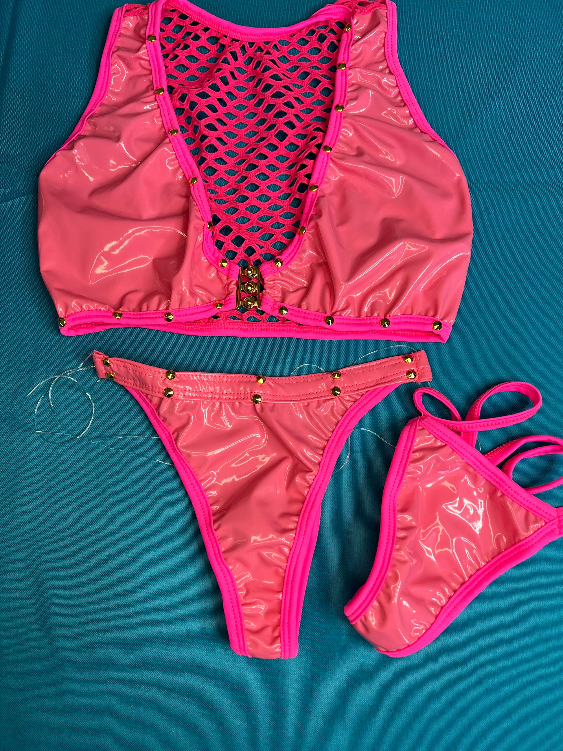Exotic Dance Wear Two-Piece Baby Pink Latex Outfit Stripper Attire