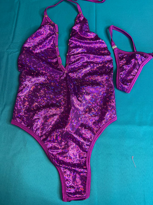 One-Piece Metallic Purple Stretch Fabric Outfit Stripper Ensemble