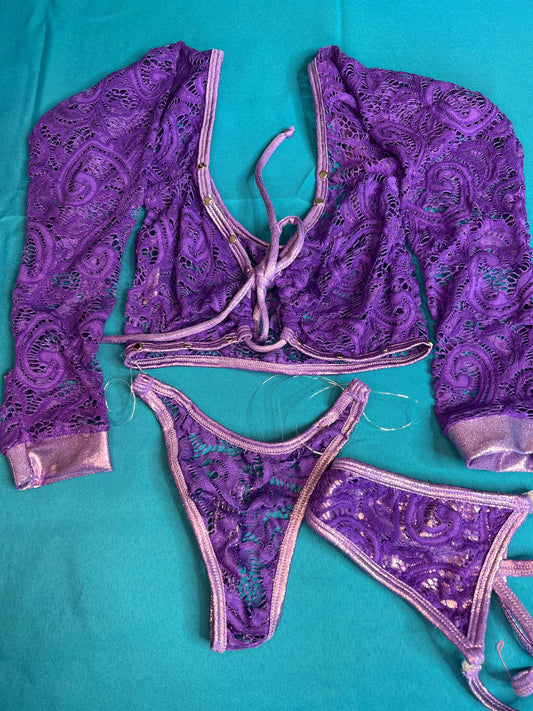 Exotic Dance Wear Two-Piece Purple Lace Lingerie Outfit 