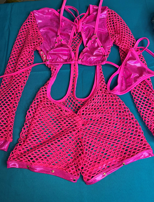 Hot Pink Long Sleeve Romper and Bikini Top Set Dance Wear