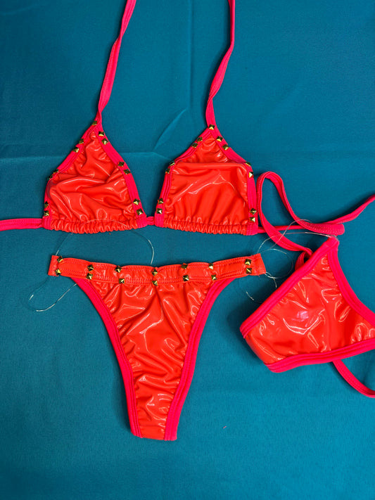 Red/Orange Latex Two-Piece Lingerie Bikini Exotic Dance Wear