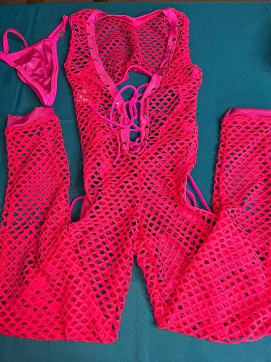 Fishnet Shoulder Strap Body Suit Hot Pink Exotic Dancewear Outfit