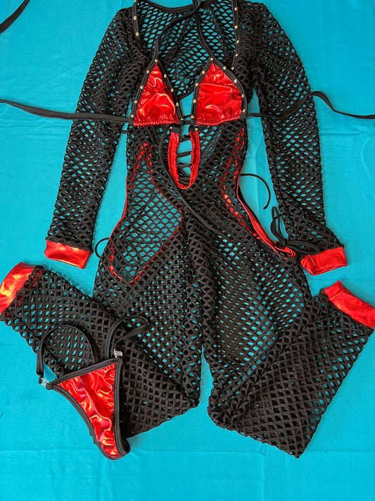 Metallic Red And Black Stunning Fishnet Body Suit Dance Wear