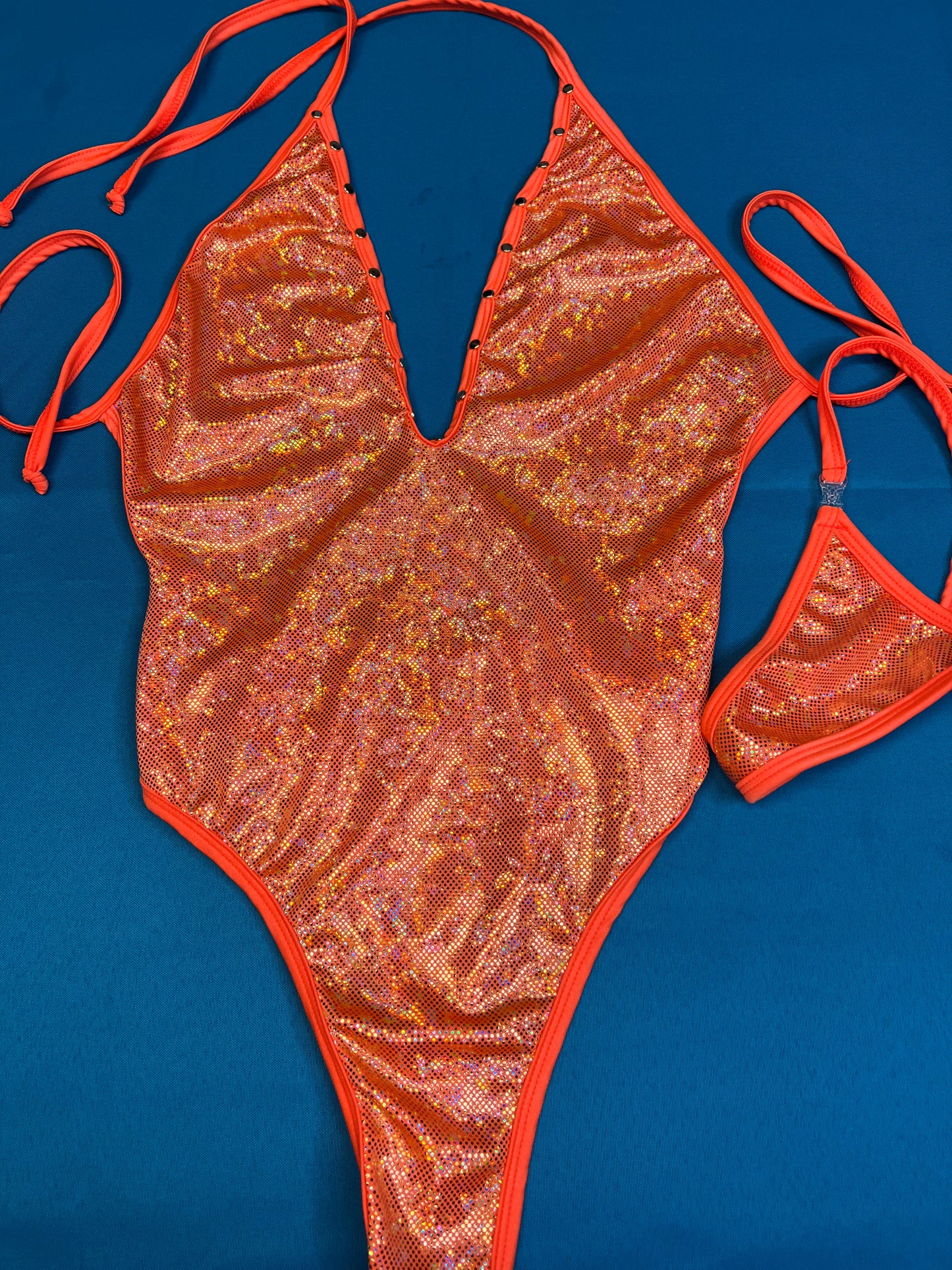 Exotic Dance Wear Metallic Orange One-Piece Dance Outfit 