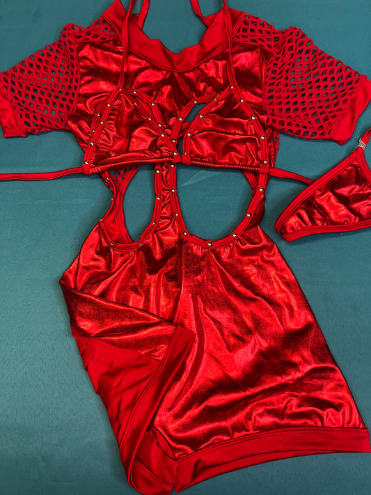 Sparkling Metallic Red Short Sleeve Ripped Back Romper Outfit 