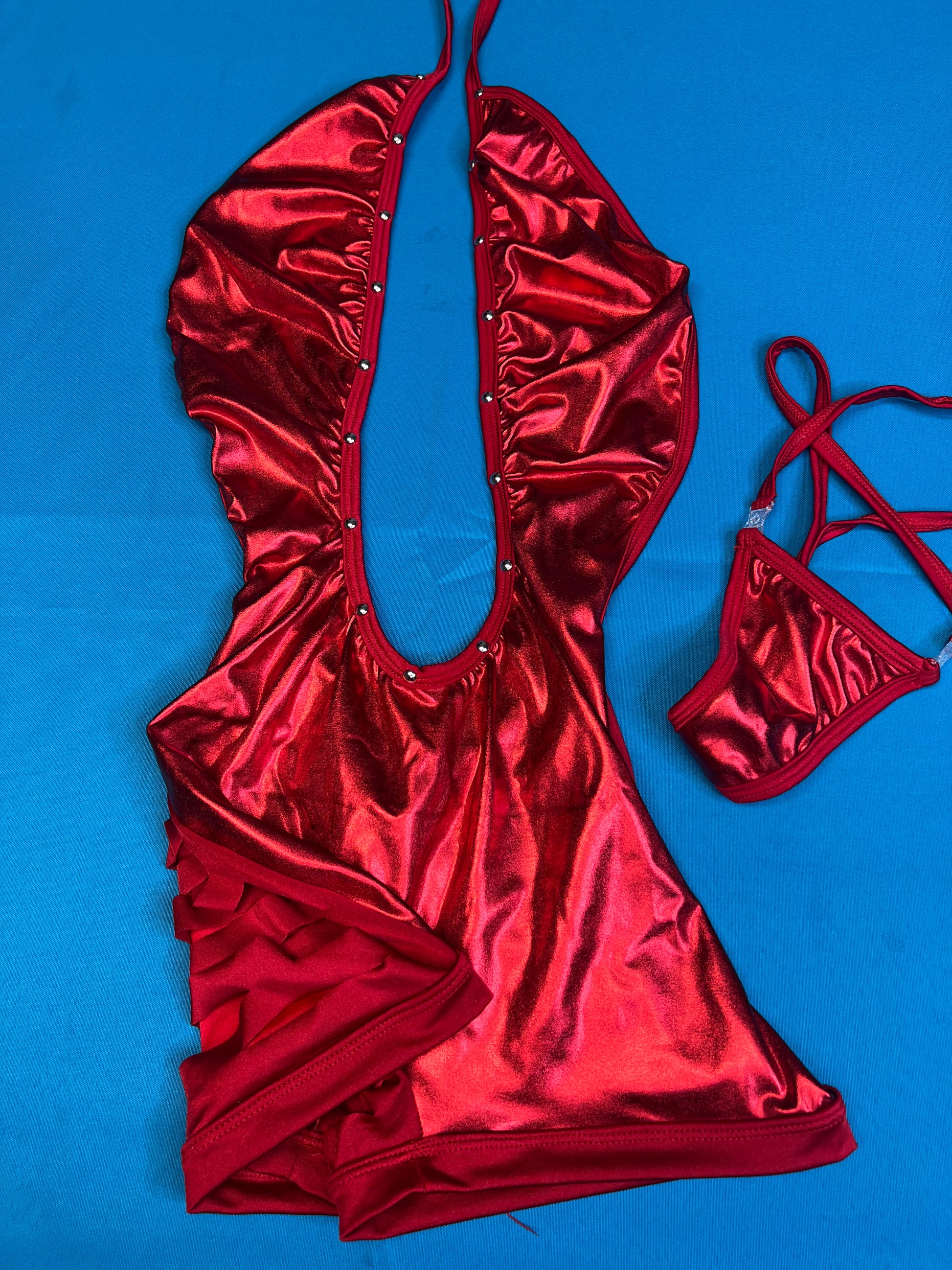 Metallic Red One-Piece Lingerie Outfit Exotic Dance Wear 