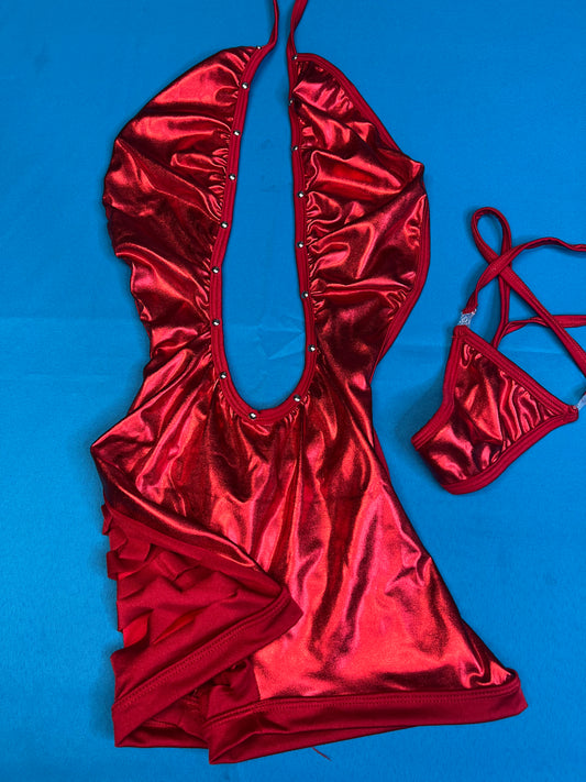 Metallic Red One-Piece Lingerie Outfit Exotic Dance Wear 