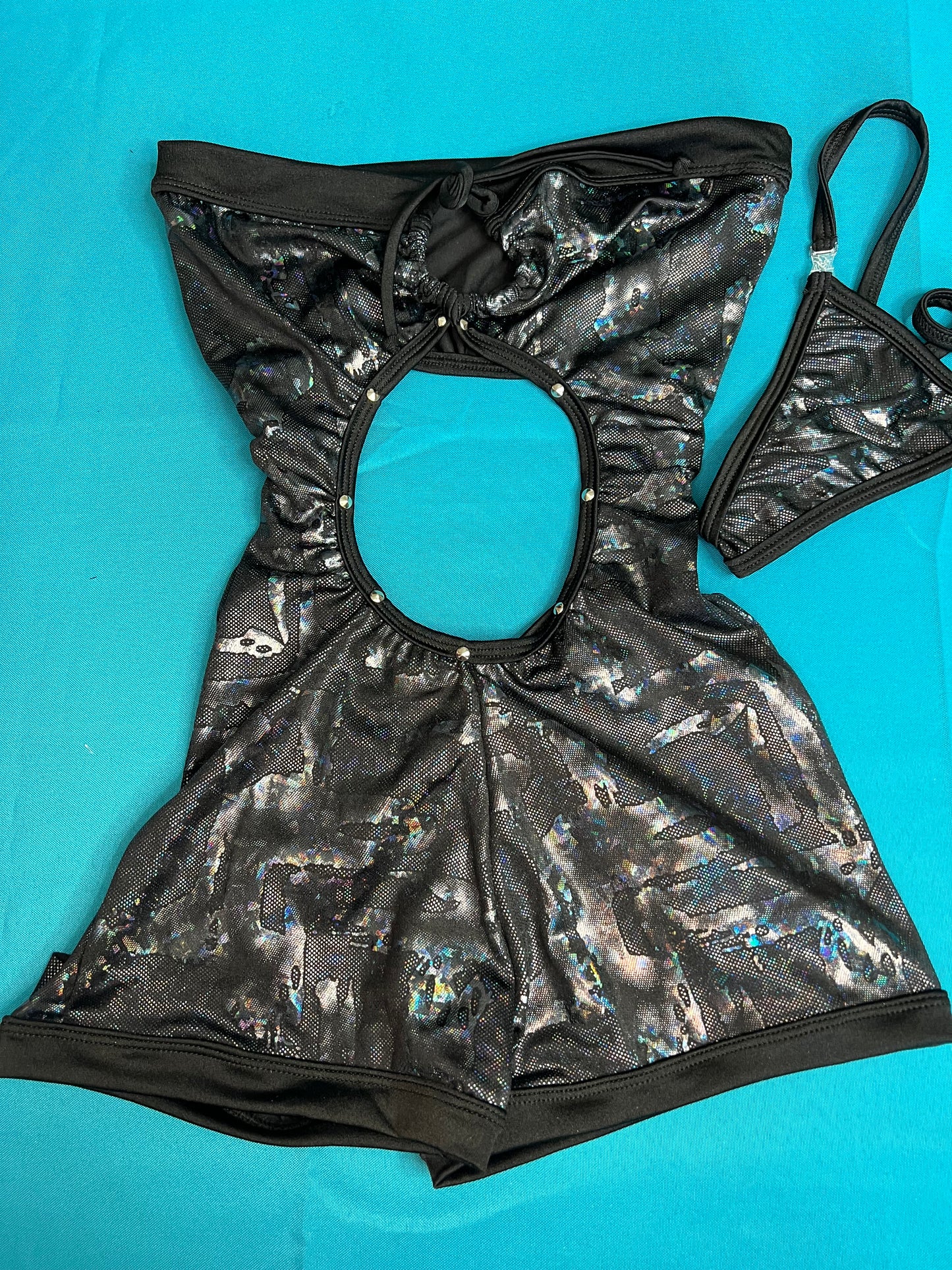 One-Piece Metallic Black Ripped Back Exotic Dance Wear 