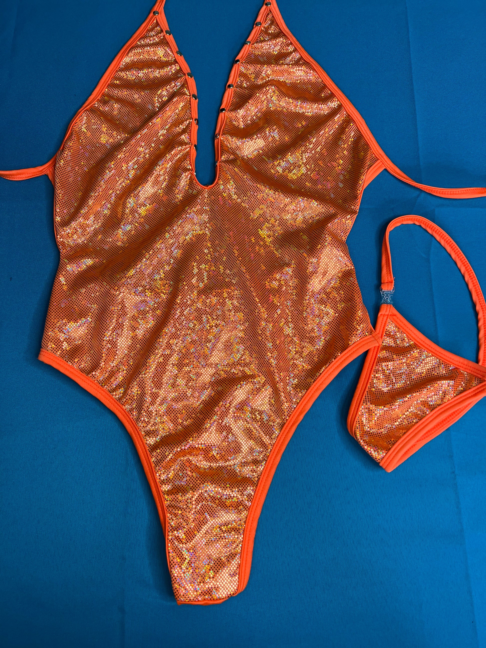 Exotic Dance Wear Metallic Orange One-Piece Dance Outfit 