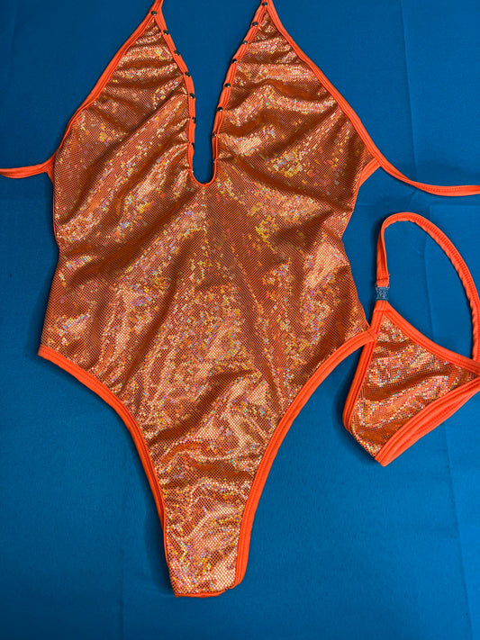 Exotic Dance Wear Metallic Orange One-Piece Dance Outfit 