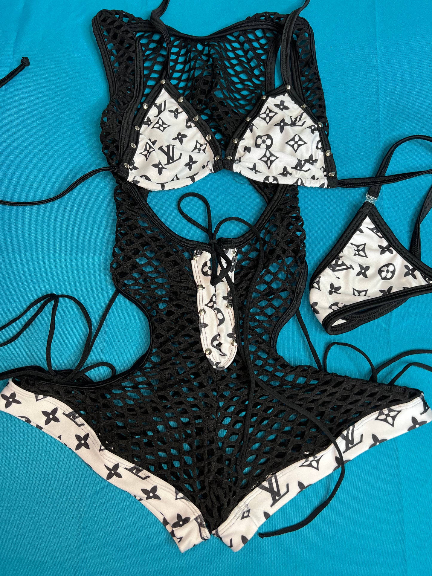 Black Fishnet Romper & White Bikini Top One-Piece Exotic Outfit