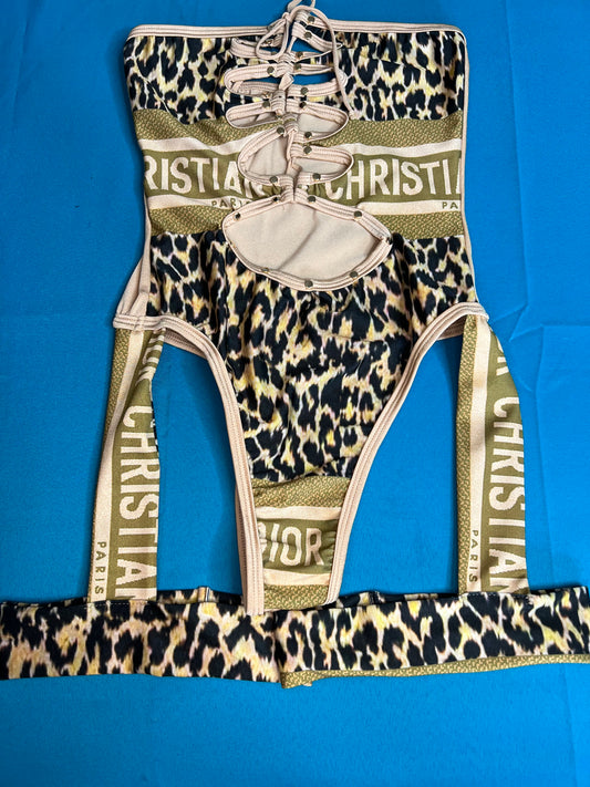 One-Piece Leopard Print Leotard/Garter Outfit Exotic Dance Wear