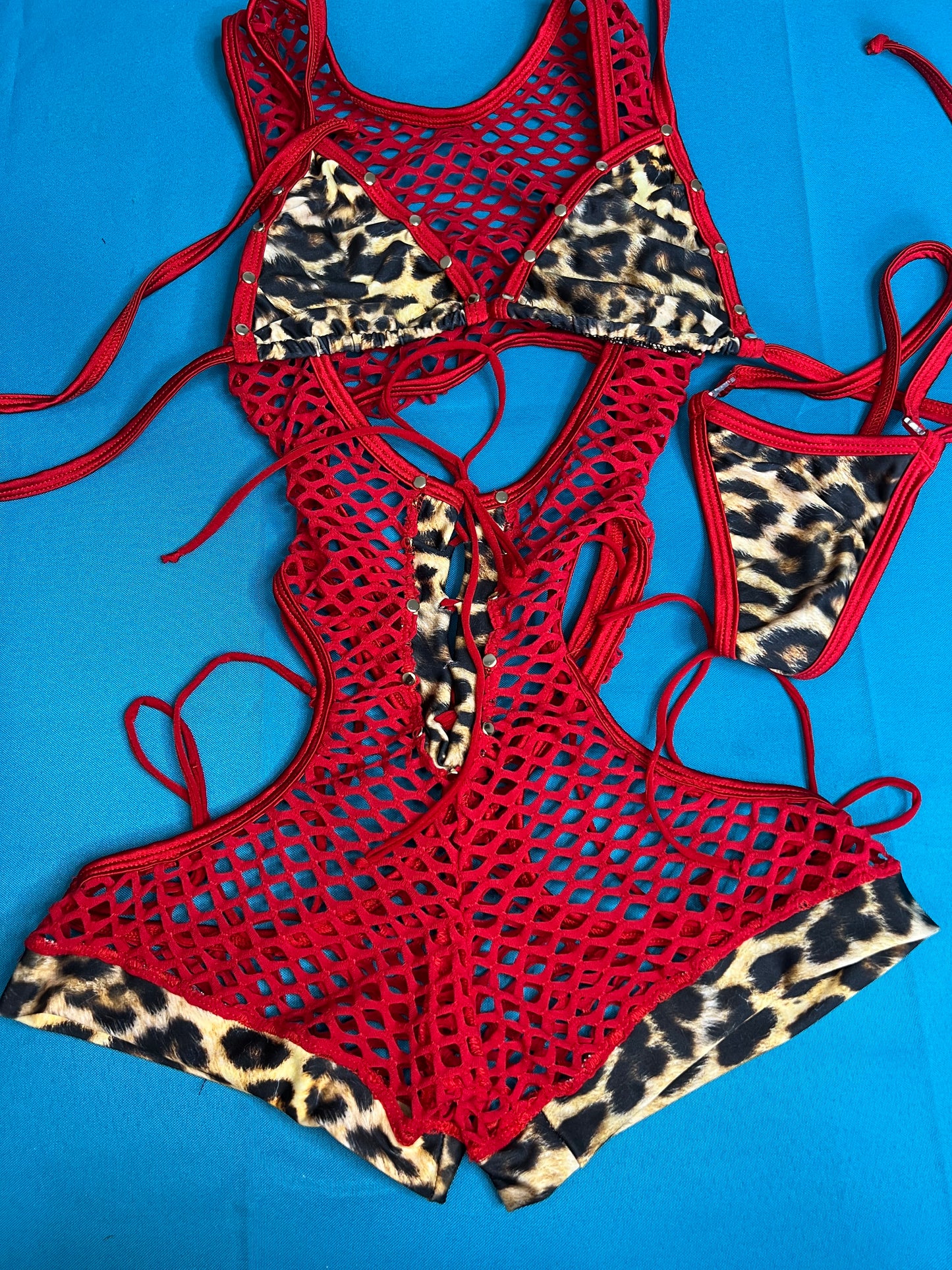 Cheetah Red Fishnet Romper Lingerie Exotic Dance wear