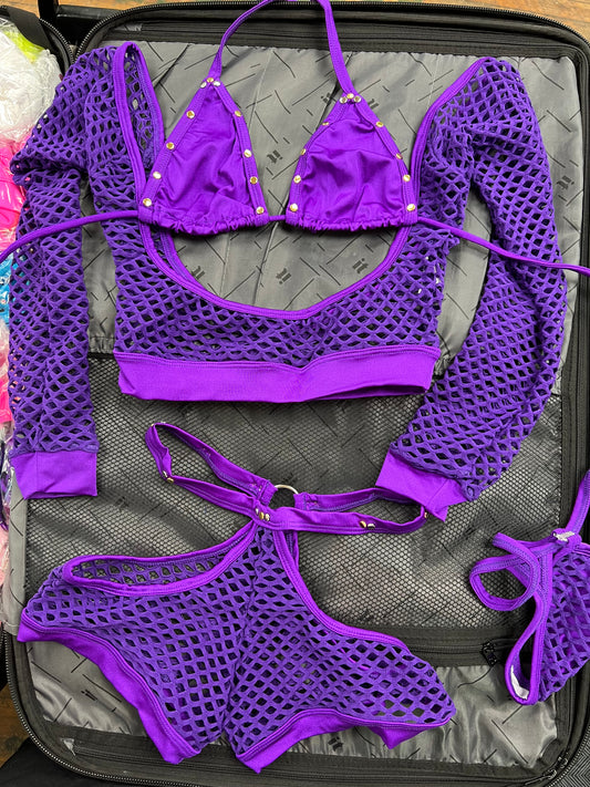 Purple Fishnet Long Sleeve Outfit 3-Piece Exotic Dance Wear Set