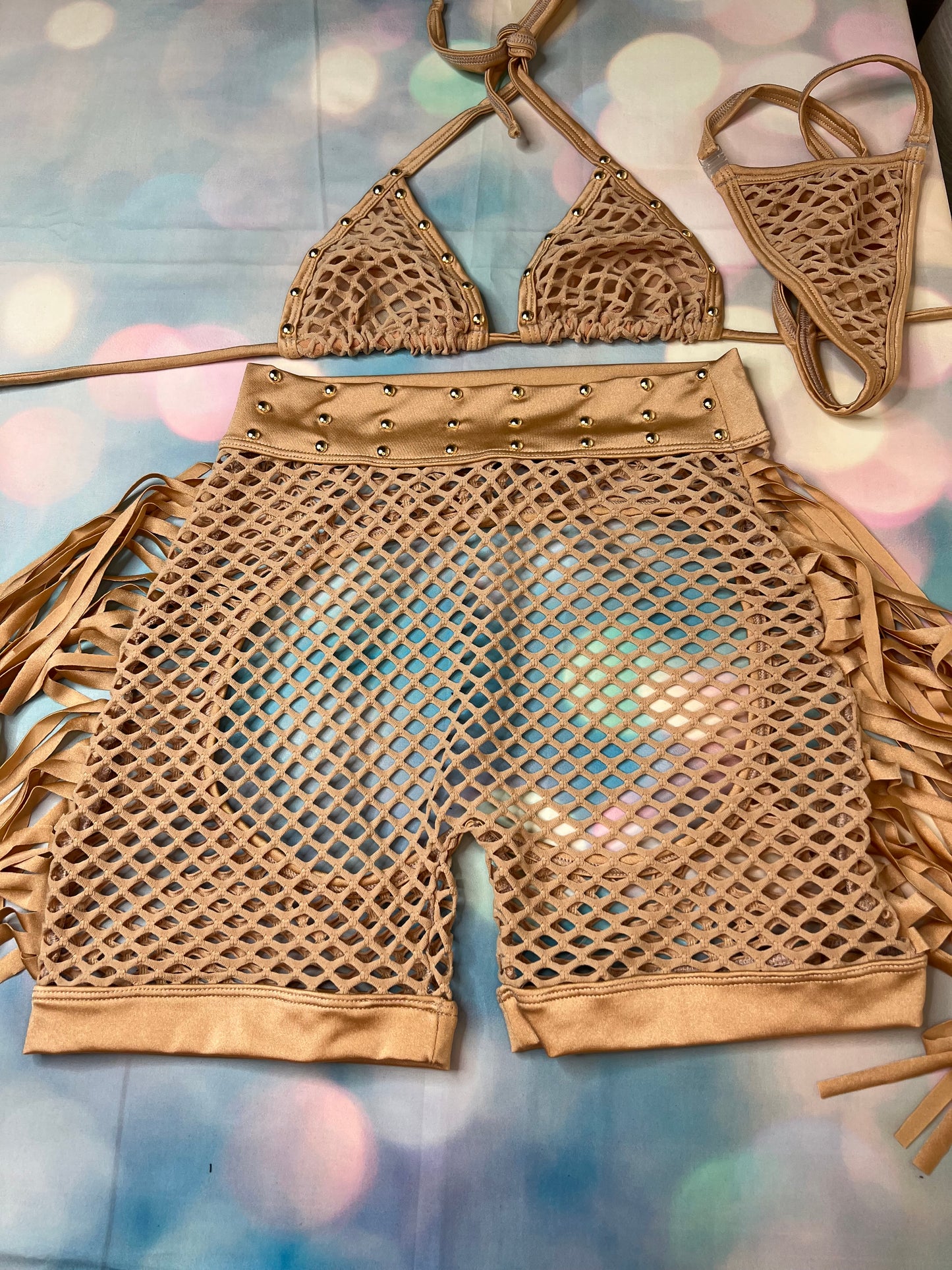 Fishnet Two-Piece Exotic Dance Wear Bikini Top & Chaps Stunning 