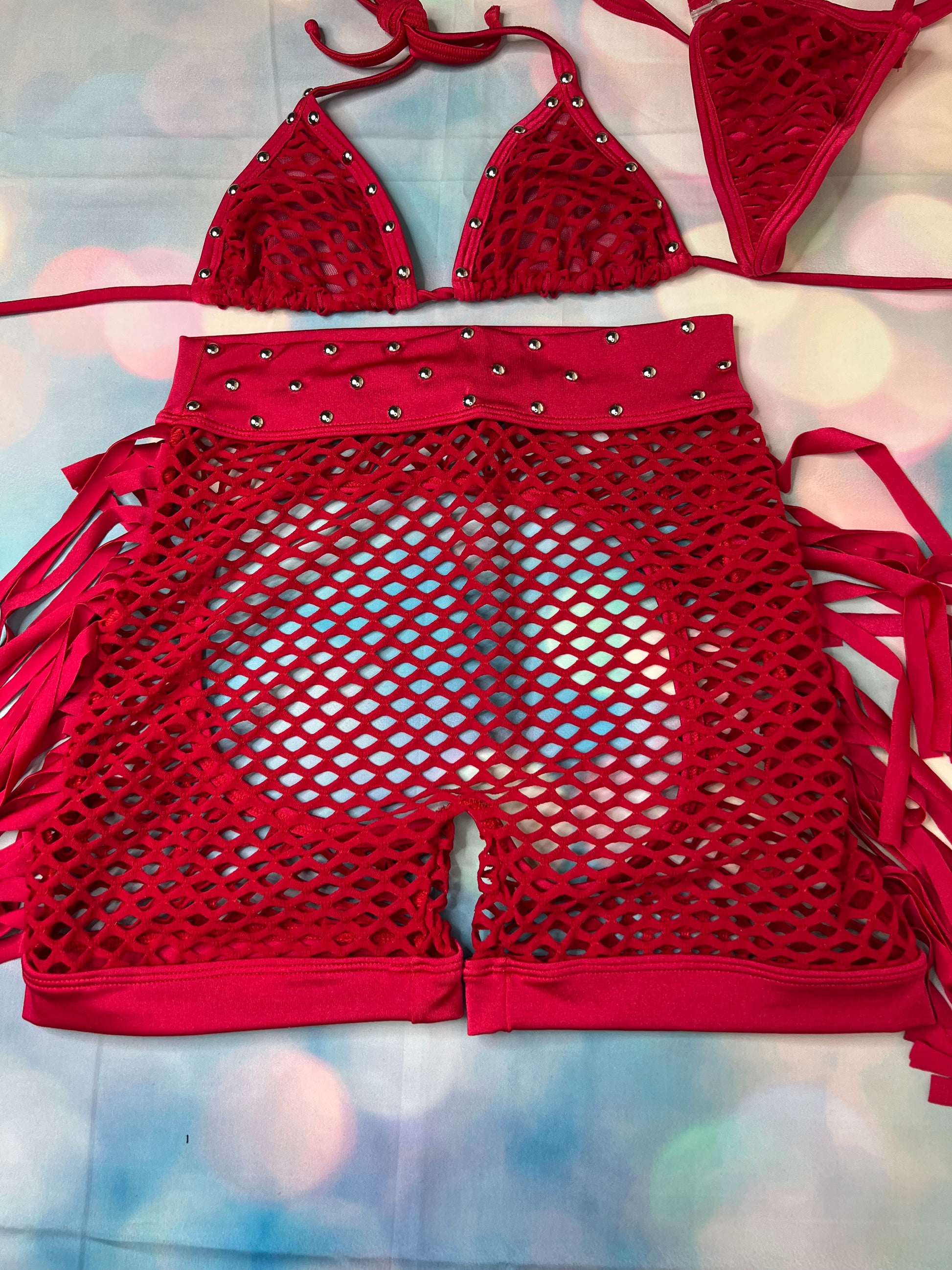 Fishnet Two-Piece Exotic Dance Wear Bikini Top & Chaps Stunning 