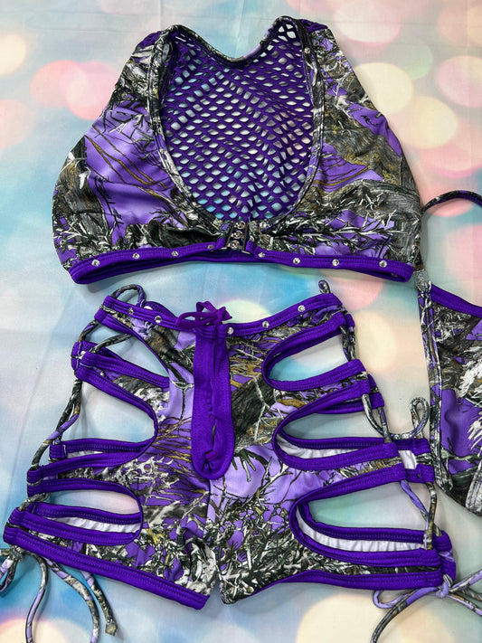Purple/Woods Camouflage Exotic Dance Wear Set Thong & Shorts