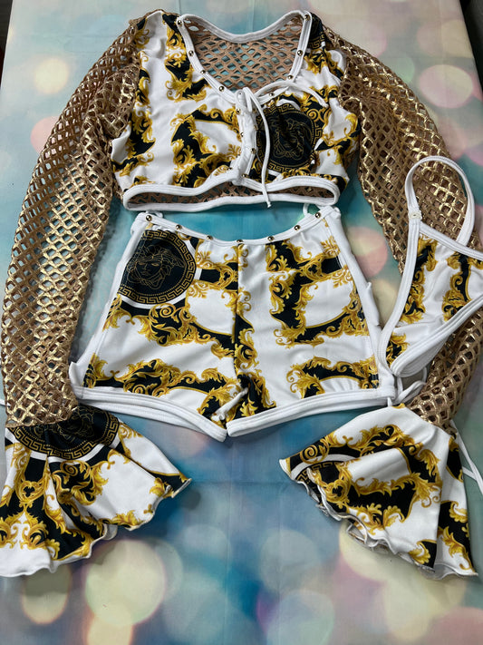 Long Sleeve Exotic Dance Wear Two-Piece Outfit Gold/White