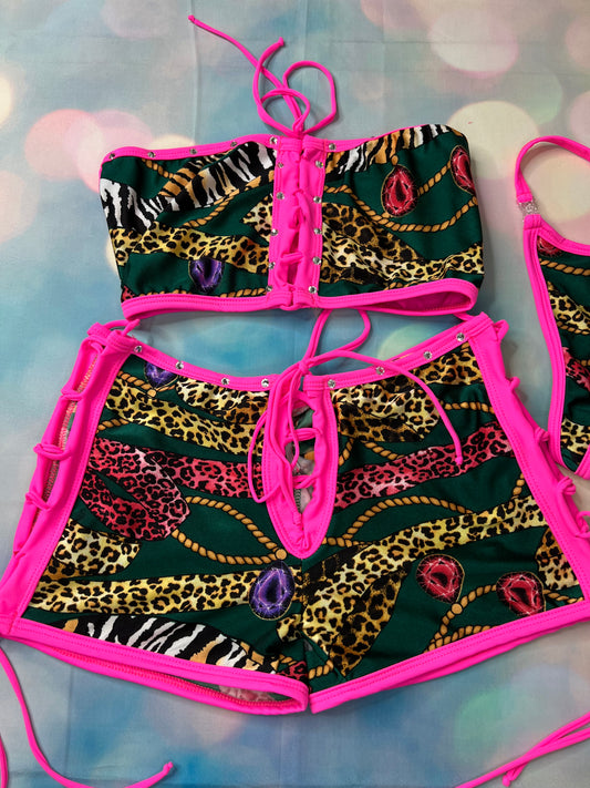 Exotic Dance Wear Tube Top and Shorts Sensual Hot Pink/Green