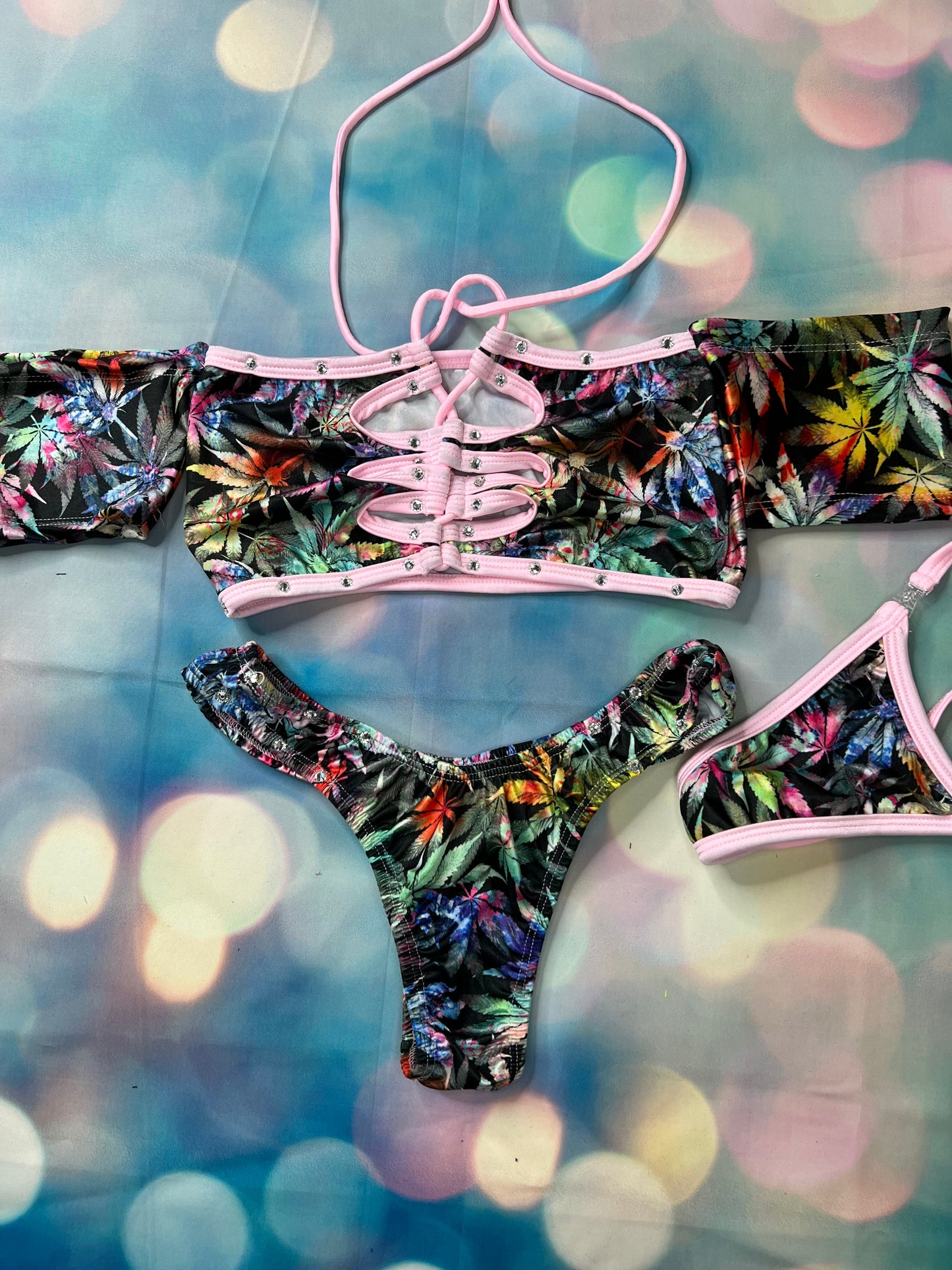 Exotic Dance Wear Set Ganja Print Top and Thong Sensual Outfit