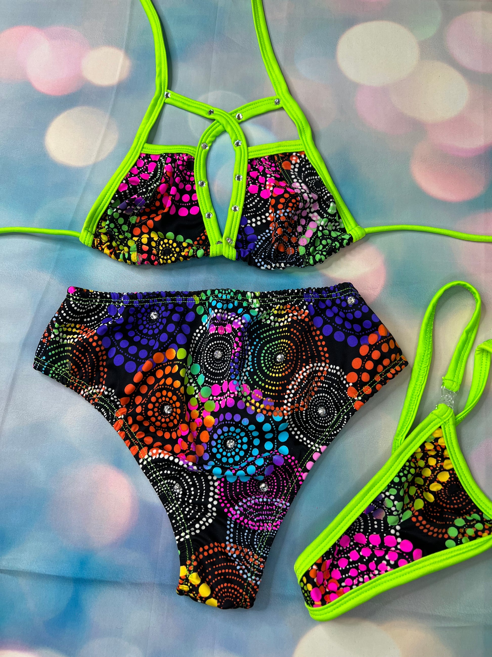 Exotic Dance Wear Set Lime Green/Multi Color Bikini Top & Shorts