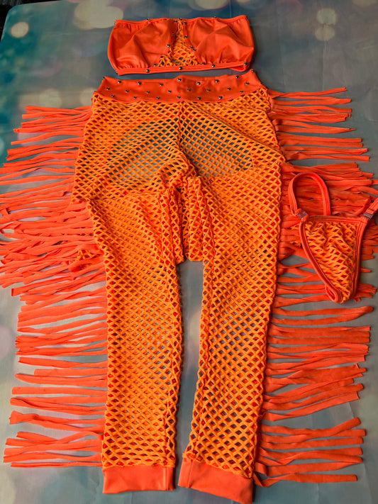Orange Fishnet/Tube Top Exotic Dance Wear Leg Outfit Stripper