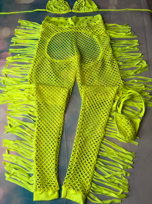 Exotic Dance Wear Leg Outfit Sexy Stripper Costume Neon Yellow