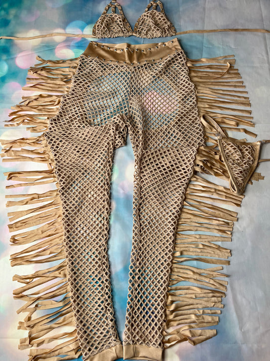 Gold Fishnet Exotic Dance Wear Leg Outfit Sexy Stripper Costume 