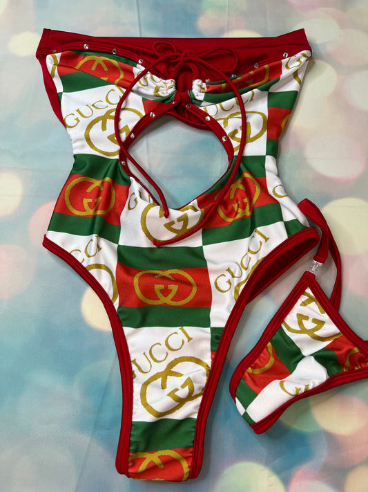 Red, Green & White Exotic Dance Wear One-Piece Outfit Strippers