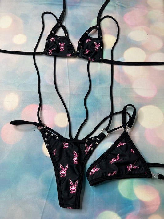 Sling Shot Exotic Dance Wear Outfit Bikini Set Black/Hot Pink