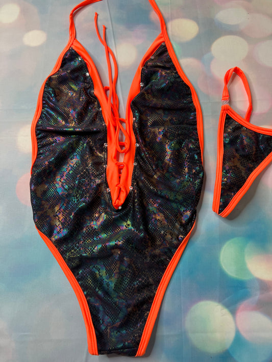 Metallic Black/Orange One-Piece Outfit Exotic Stripper Wear