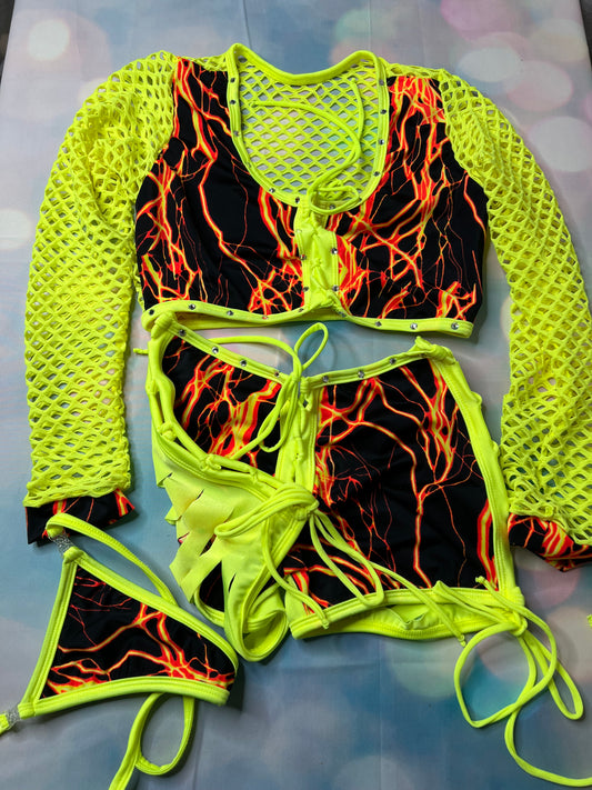 Neon Yellow Exotic Dance Wear Set Two-Piece with Lightning Print