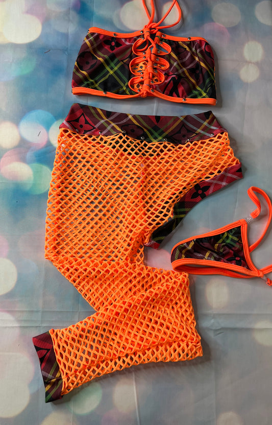 Plaid & Orange Exotic Dance Wear Leg Outfit Sensual Dancewear