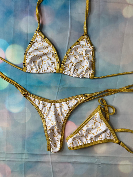 Gold/White Confetti Exotic Dance Wear Two-Piece Bikini Set