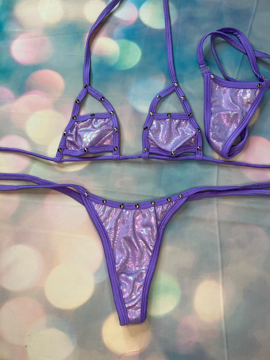 Purple Metallic Two-Piece Dancewear Set with Matching Thong
